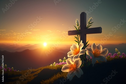 Easter sunrise with a cross and lilies, Generative AI
