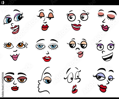 cartoon women characters faces or design elements set