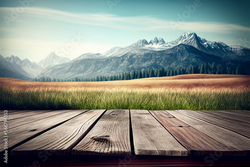 Wooden table background with landscape of mountains, made with Generative AI technology