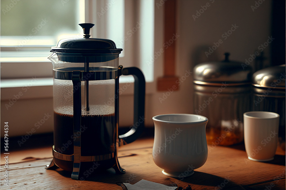 french press coffee breakfast kitchen. background drink kitchen, Generative AI french press coffee breakfast kitchen. background drink kitchen, Generative AI