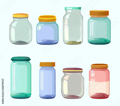 Empty glass jar set. Jars of various shapes with colored lids isolated on a white background. Vector mockup of empty transparent bottles with a cap for jam, canning and food preservation. Vector
