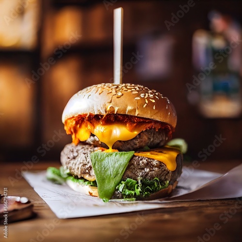 Tasty hamburger on a wooden table exellent photoshot 