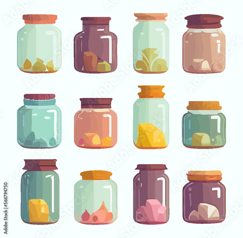 Colorful cartoon Set of glass jar in flat style. Jars of various shapes with colored lids isolated on a white background. Vector mockup of jars with a lid for jam, canning and food preservation.Vector