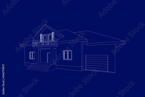 Vector perspective of luxury modern house exterior. 3D  model of cottage. Vector blueprint.