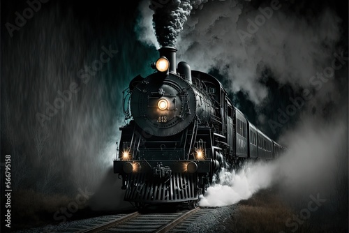 Canvas Print a steam engine train traveling through a foggy night filled forest with smoke billowing from it's stacks and a bright light on its head