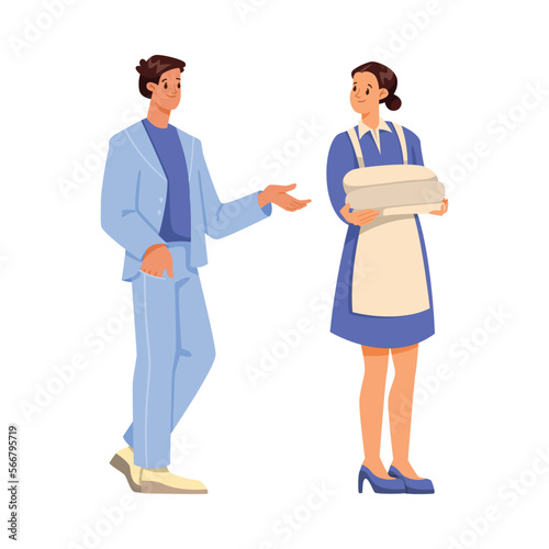 Woman Hotel Maid with Folded Bedsheet Talking to Client Vector Illustration
