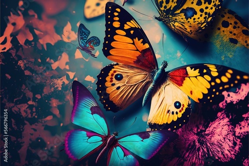  a group of colorful butterflies sitting on top of a blue table top next to a wall with a pink, yellow and blue butterfly pattern on it. generative ai