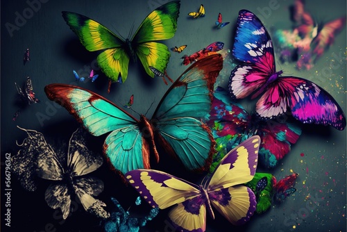  a group of colorful butterflies on a black background with a blue background and a black background with white and yellow butterflies on the bottom of the image.  generative ai © Anna