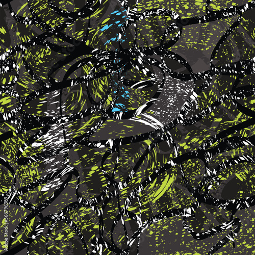 Abstract seamless pattern for girls and boys. Grunge urban modern  background in grey, green, white, blue, black colors. Creative graffiti wallpaper with shapes elements. chaotic repeated backdrop