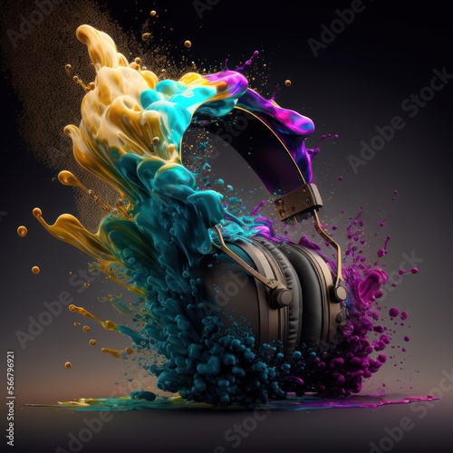 headphone exploding, music explosion, colored smoke, AI generated