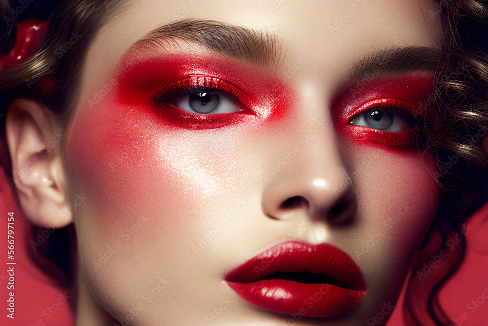 Portrait of young beautiful woman with red eyeshadow make-up. Digitally AI generated image. - obrazy, fototapety, plakaty 
