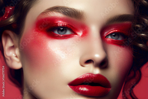 Fotótapéta Portrait of young beautiful woman with red eyeshadow make-up