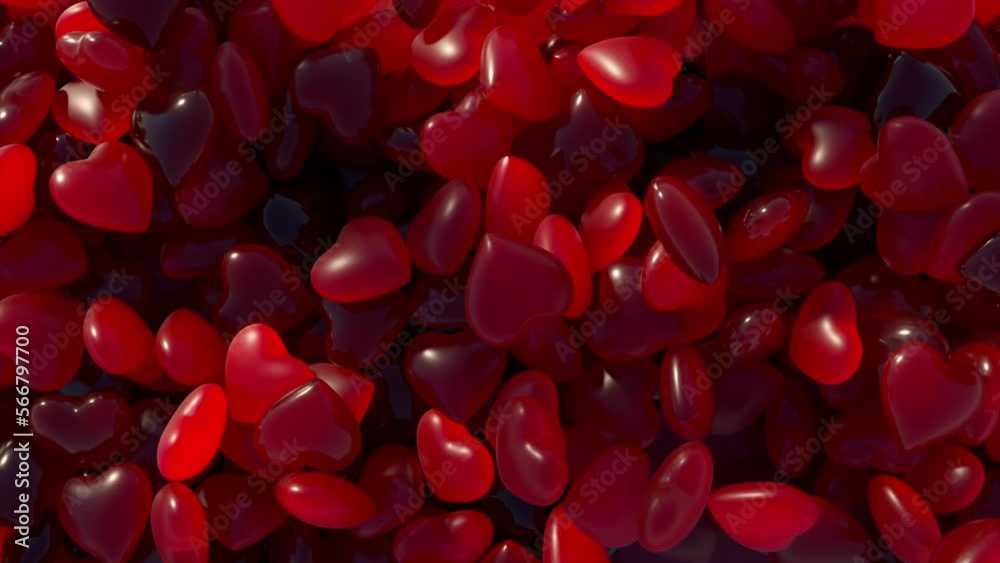Valentine's Day. A red neon heart jumps out of a pile of dark blue hearts. Heart shaped gummies. Sweets. 3d animation Valentine's Day. A red neon heart jumps out of a pile of dark blue hearts. Heart shaped gummies. Sweets. 3d animation