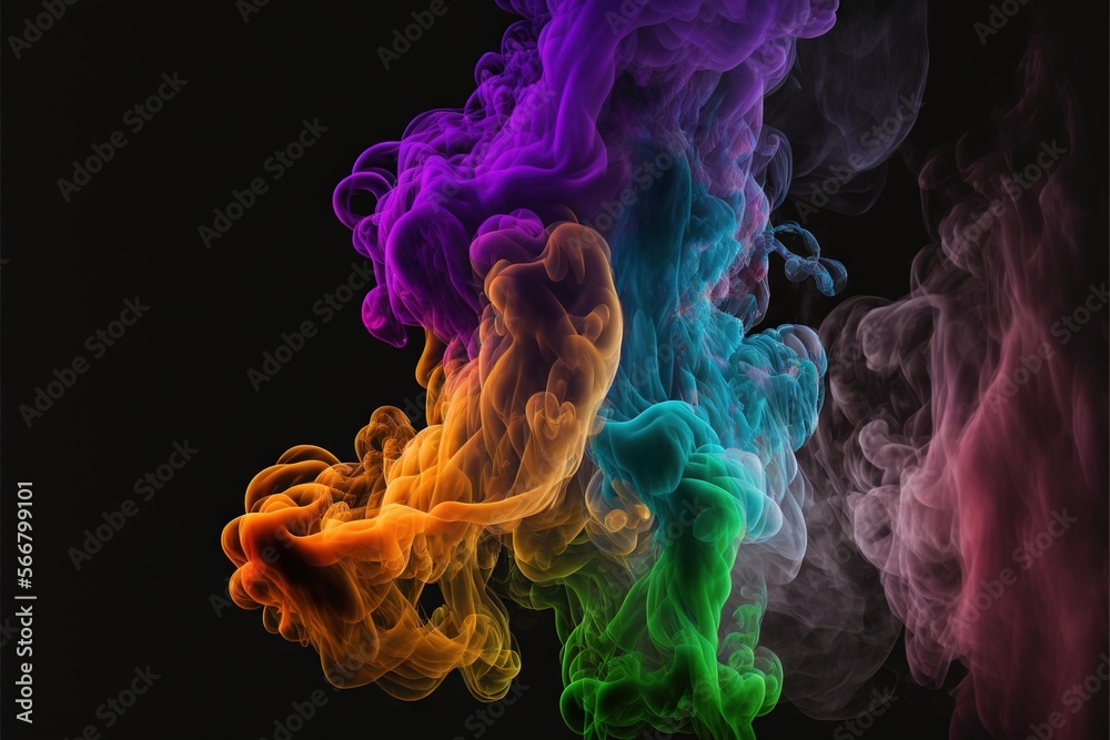 Fototapeta premium a group of colored smokes on a black background with a black background with a black background and a red, green, yellow, purple, orange, pink, green, orange smoke. generative ai
