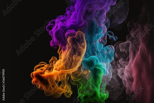  a group of colored smokes on a black background with a black background with a black background and a red, green, yellow, purple, orange, pink, green, orange smoke. generative ai
