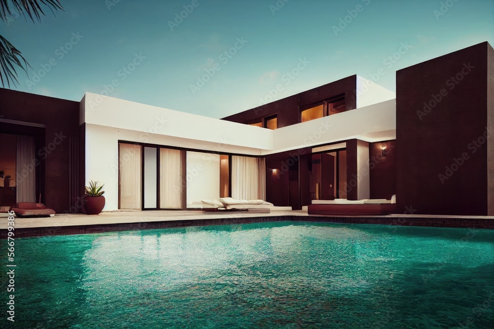 Fototapeta premium Luxury pool villa spectacular contemporary design digital art real estate , home, house and property, Generative AI illustration.