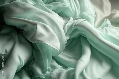  a close up of a green and white bed sheet with a white pillow on top of the bed and a white pillow on the bottom of the bed.  generative ai