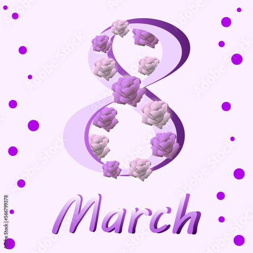  Greeting card for March 8th. International Women's Day. Invitation with the number 8  with plants, leaves, and spring flowers. Congratulating and wishing happy holiday card for poster, banner, flyer,
