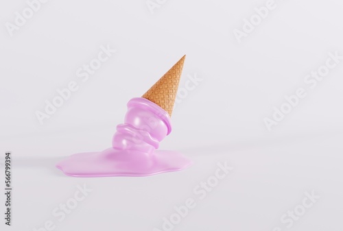 Melted ice in a waffle on the ground and light background. The concept of eating ice cream, cooling down. 3D render; 3D illustration.
