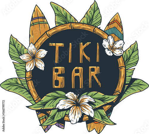 Photography Tiki bar with surfs and tropical leavs, flowers
