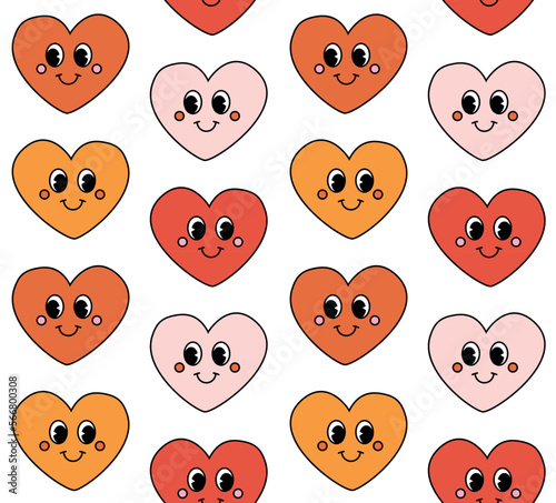 Vector seamless pattern of groovy retro colored heart with face isolated on white background