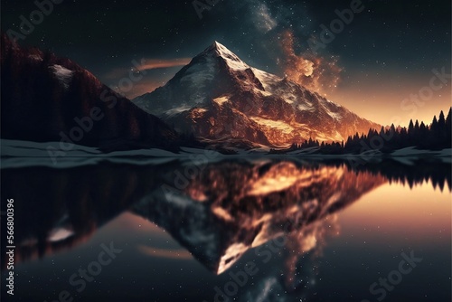 Beautiful mountain with a reflecting lake in front of it, night sky with stars, incredibly realistic -generative AI