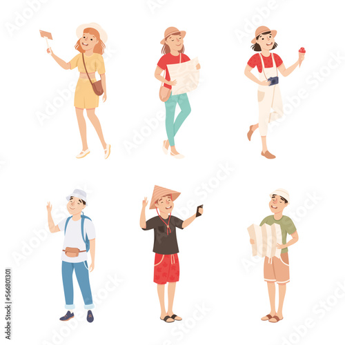 Man and Woman Tourist Character on Excursion or Sightseeing Tour with Bag and Camera Vector Set