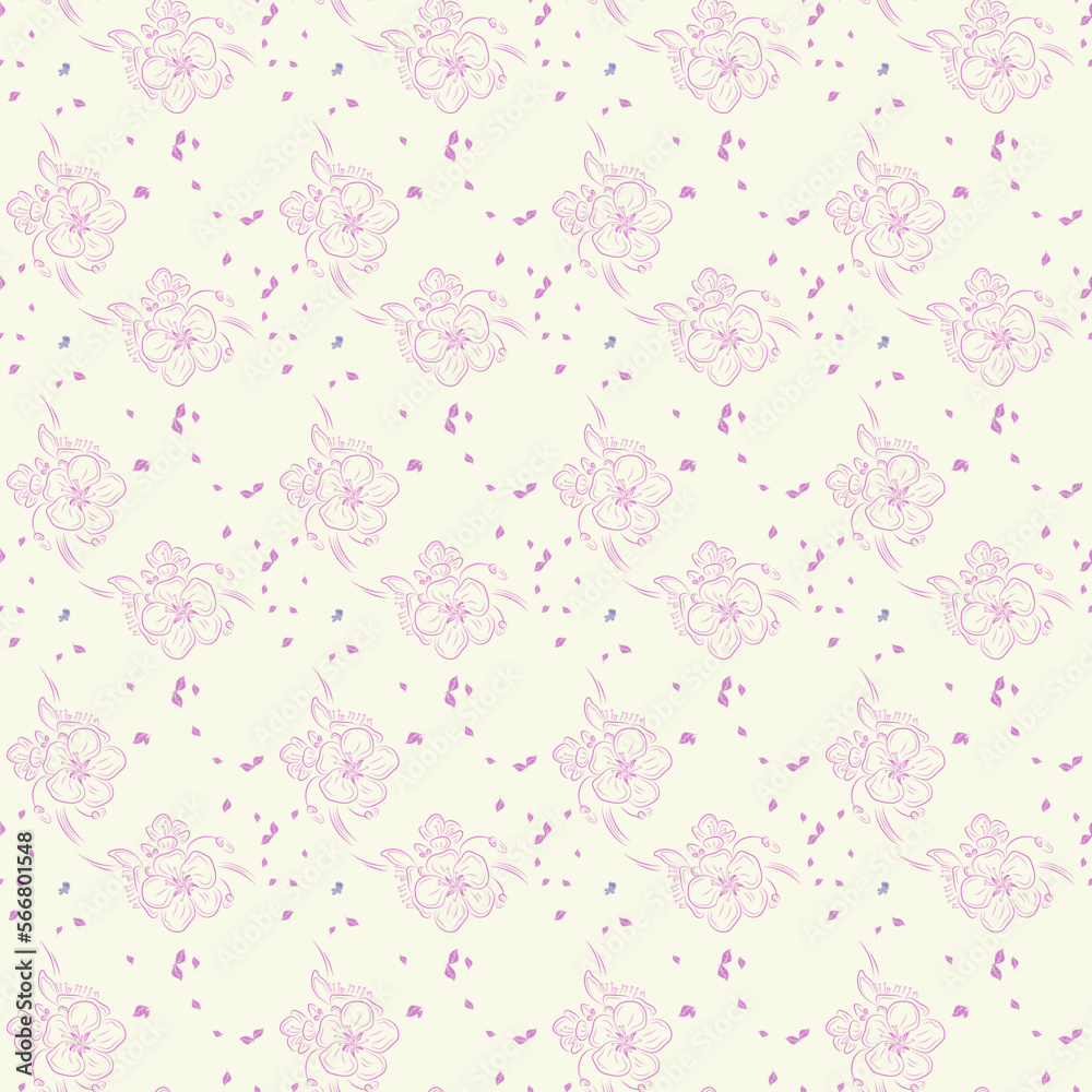 Seamless pattern of pink flowers. Hand drawn doodle cherry blossom. Design for background, fabric, print, paper, wrapping paper, cover, postcard, backdrop.