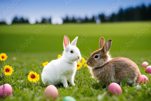 Cute alice in wonderland rabbit with Flowers and Easter Eggs,