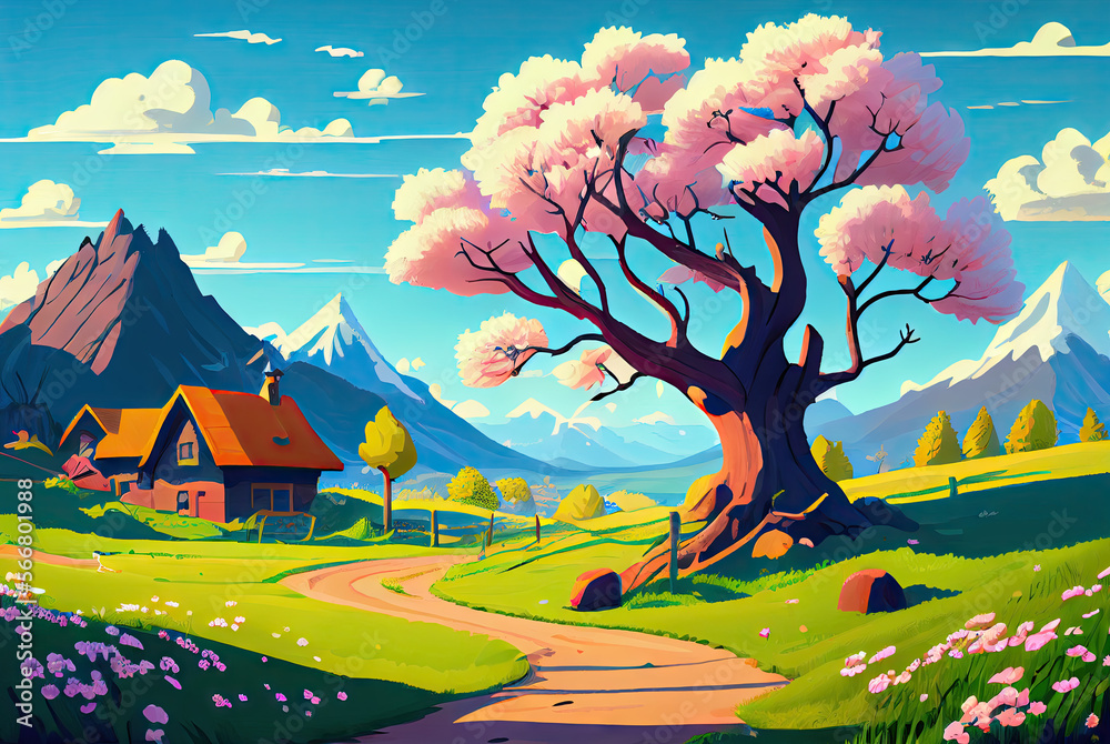 Spring landscape with lake, blooming tree and mountains created with AI