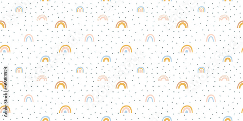 Abstract rainbow seamless pattern illustration. Soft pastel color doodle rainbows in childish freehand style for children or cute background design.