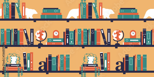 Book shelf seamless pattern illustration of modern books and home interior decoration in minimalist flat cartoon style. Study textbook or leisure literature collection background.