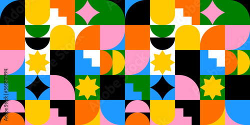 Colorful geometric shape mosaic illustration. Trendy scandinavian style seamless pattern, fun shapes, creative geometry concept design.