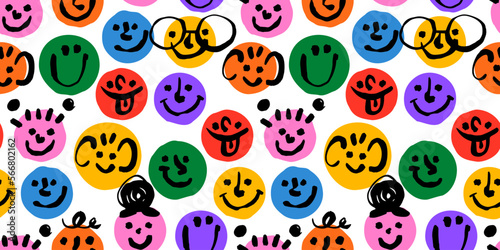Diverse colorful children people face seamless pattern illustration. Multi color little kid cartoon characters in funny childish doodle style. Friendly community or toddler group background concept.