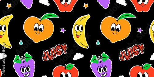 Trendy happy fruit seamless pattern in vintage cartoon style. Retro summer tropical fruits background. Character label illustration backdrop. Funny colorful food mascot print.