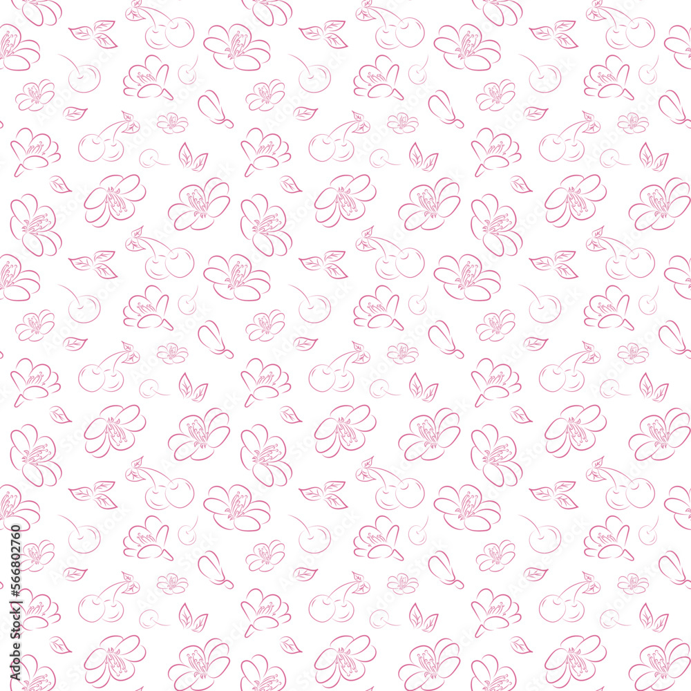 Seamless floral pattern on white background. Pink cherry blossoms with berries. Hand drawn doodle. Packaging design, wallpaper, carpet, cover, fabric, postcard, background.