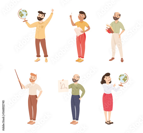 Man and Woman School Teacher or Educator with Book, Globe and Pointer Vector Set