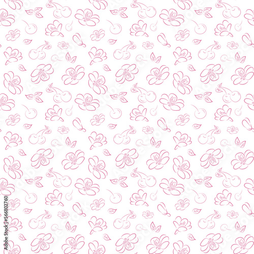 Seamless floral pattern on white background. Pink cherry blossoms with berries. Hand drawn doodle. Packaging design, wallpaper, carpet, cover, fabric, postcard, background.