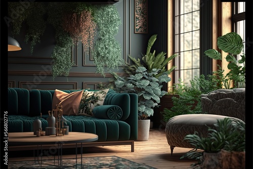 Green sofa and many green flowers. Design living room in victorian style. Generative AI illustration