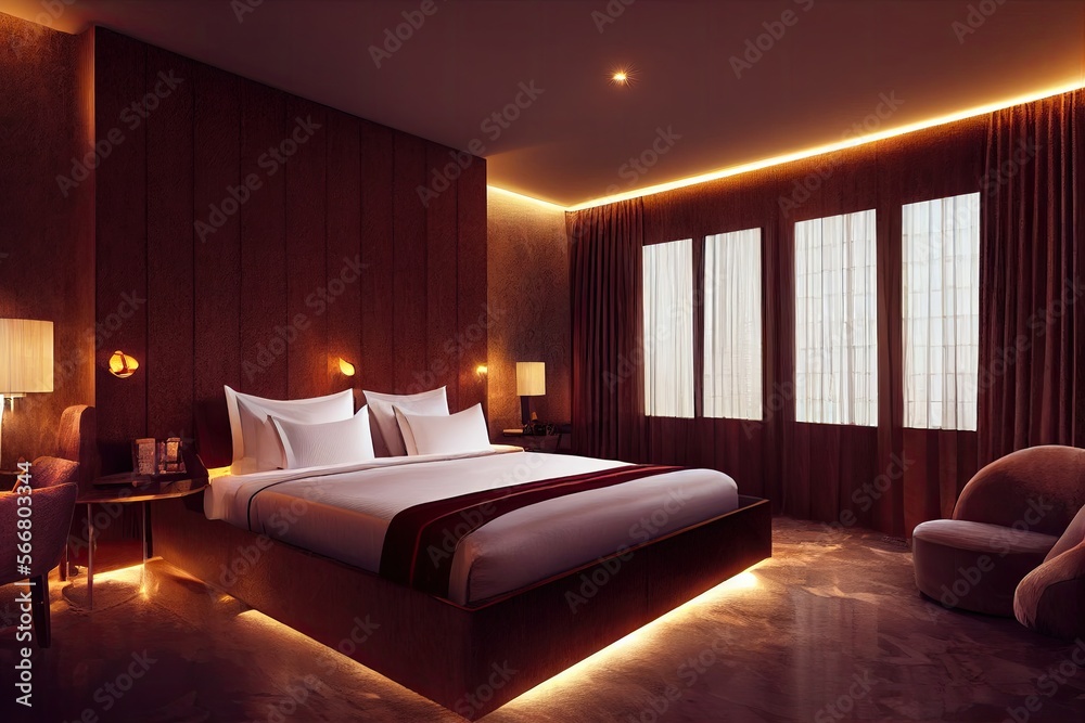 Luxury modern style bedroom, Interior of a hotel bedroom. Generative AI illustration Luxury modern style bedroom, Interior of a hotel bedroom. Generative AI illustration