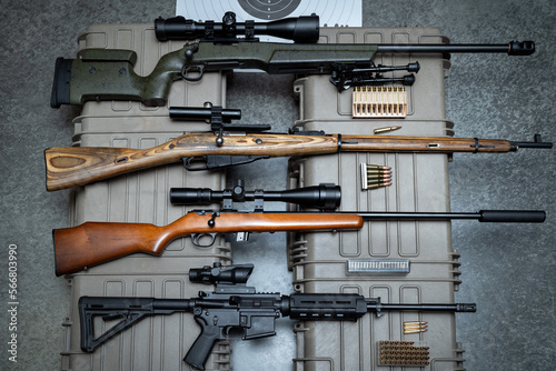 Fotografie Firearms, sniper rifles and ammo.
