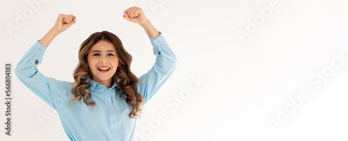 I won. Happy woman make winning hand gesture. Winning business. Woman isolated face portrait, banner header poster with mockup copyspace.