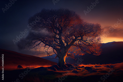 Sunset landscape with tree created with AI