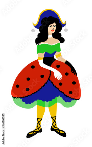 Columbine. One of the principal masks in traditional italian comedy. Commedia dell arte. Vector isolated illustration.