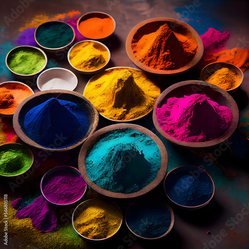 Top View of Gulal Powder in Many Colors for the Hindu Fesitval Holi Generative AI photo