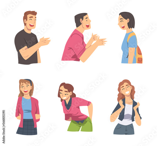 Amused Man and Woman Character Talking and Laughing Having Cheerful Mood Vector Set