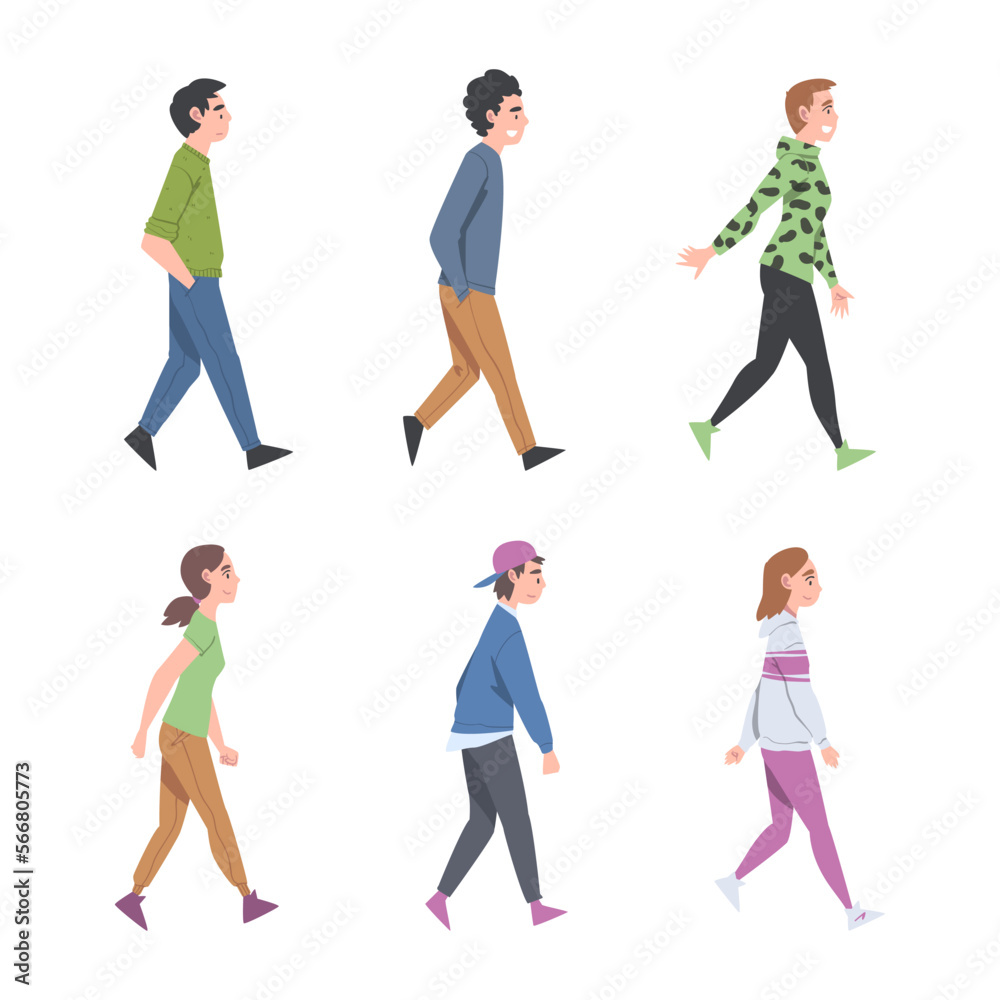 People Characters Going and Walking with Different Gait Side View Vector Illustration Set People Characters Going and Walking with Different Gait Side View Vector Illustration Set