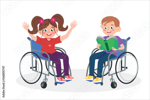 Vector illustration of children with disabilities. Cartoon scene of a smiling girl waving her hands and a boy with a book in a wheelchair isolated on a white background.