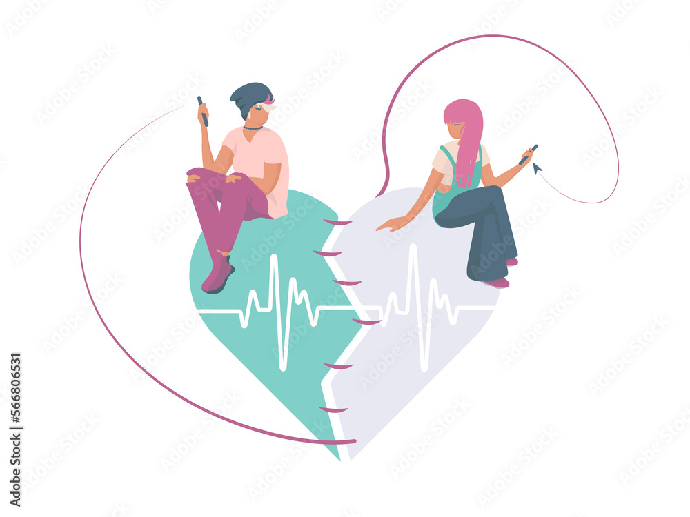 LGBT couple sitting on the heart sending messages, fixing their love LGBT couple sitting on the heart sending messages, fixing their love