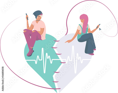 LGBT couple sitting on the heart sending messages, fixing their love 